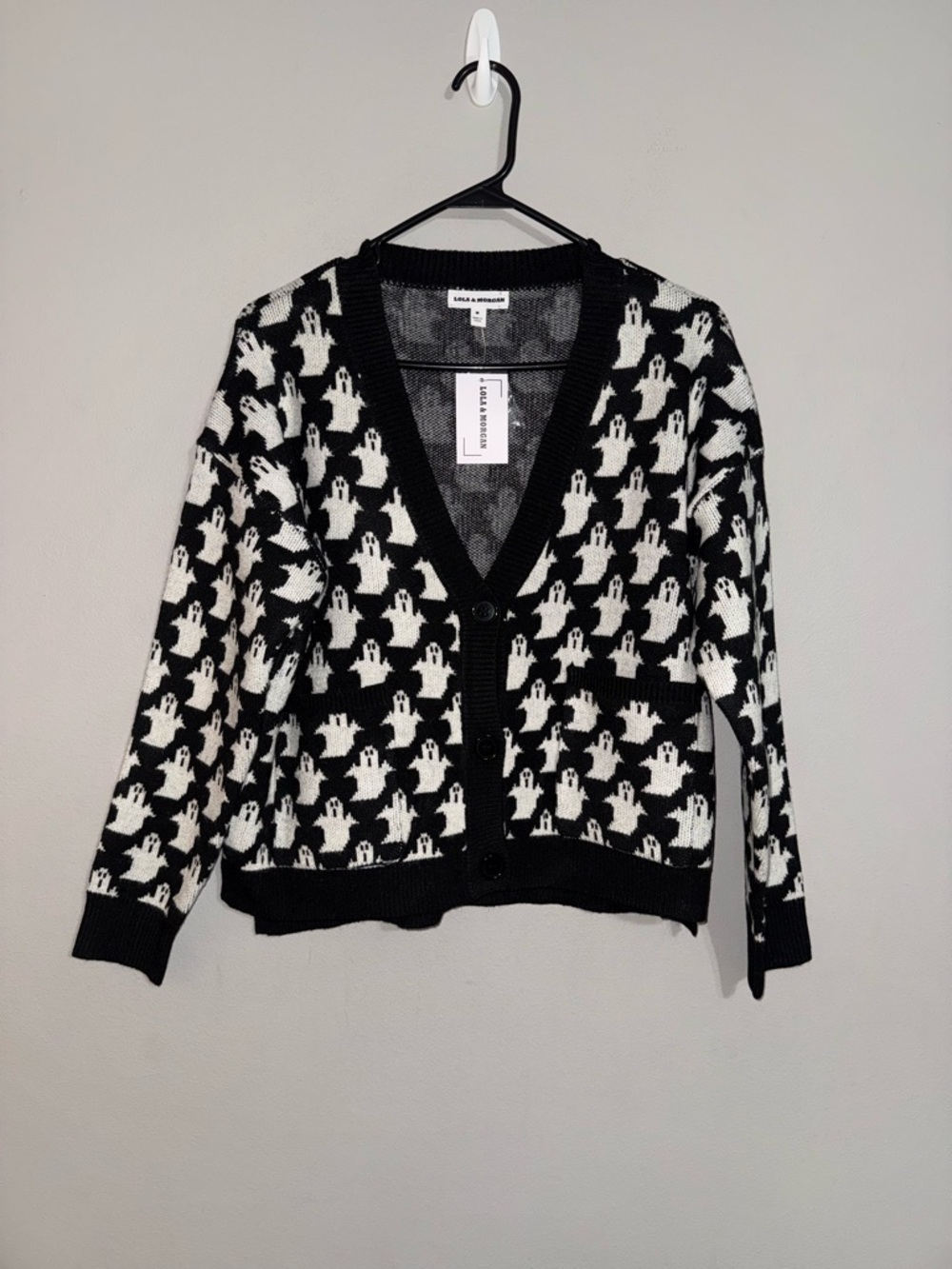 Lola & Morgan Black & White Ghost Pattern V-Neck Cardigan Sweater